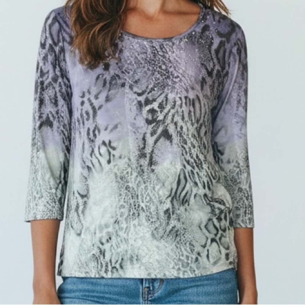 Alfred Dunner Lavender and Gray Animal Print Knit Top with Rhinestone Detail